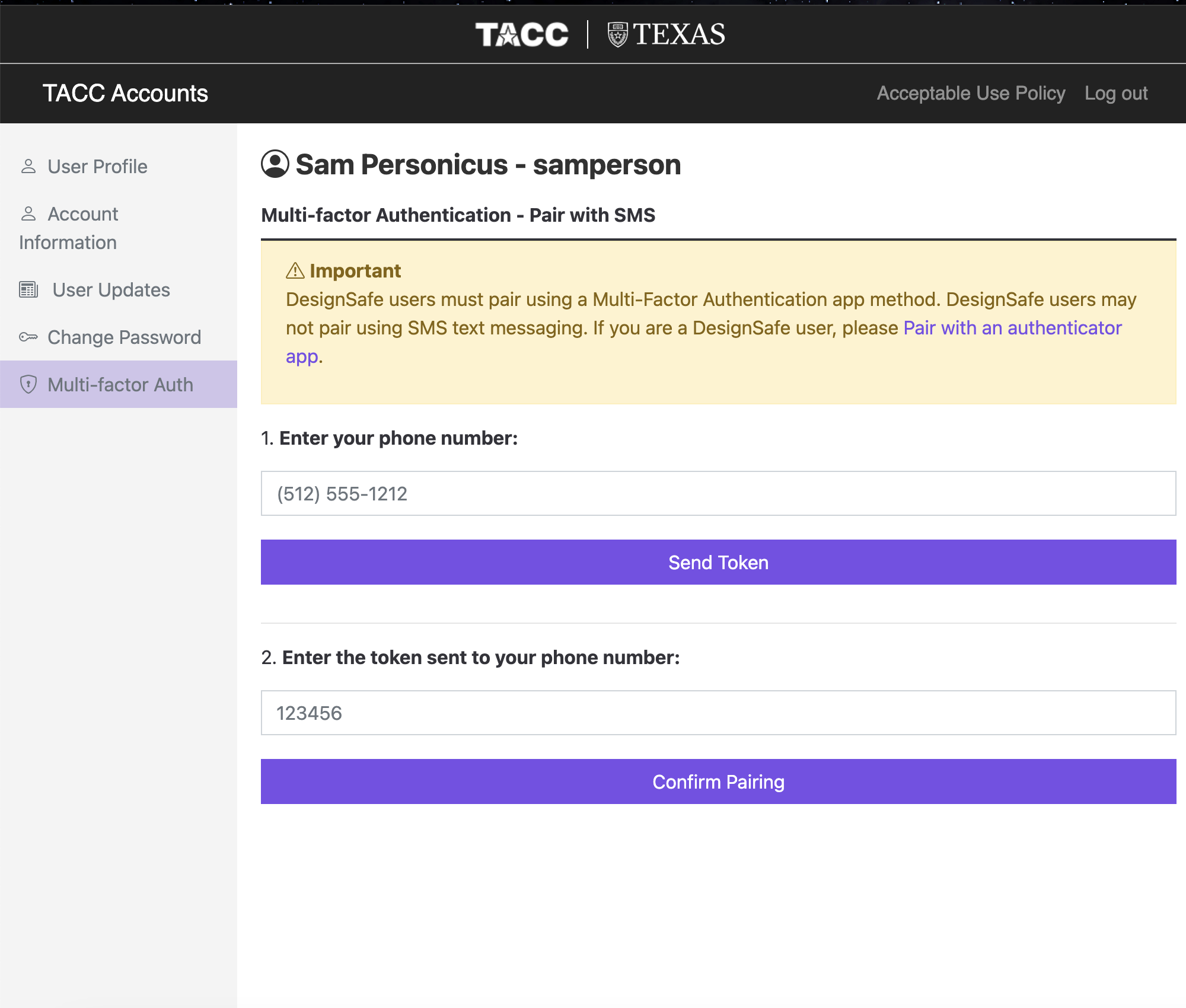 Setting up MFA SMS Pairing