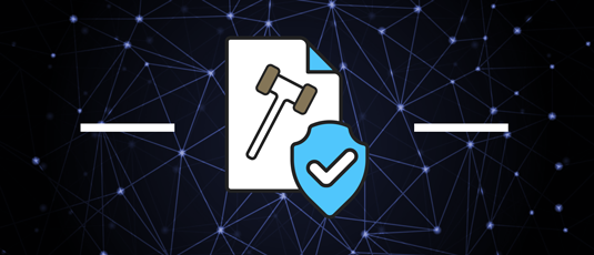 a paper with a gavel, a shielf with a checkmark